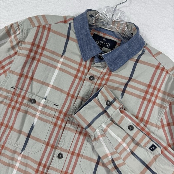 Buffalo David Bitton Shirt Mens M Beige Pink Plaid 2 Pocket Roll Tab Long Sleeve - Picture 1 of 11